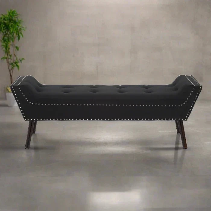 Wilton Black Fabric Bench, Silver Studs, Button Tufted