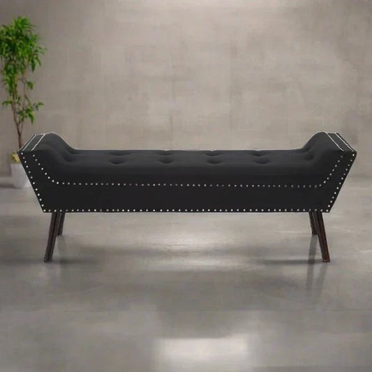 Wilton Black Fabric Bench, Silver Studs, Button Tufted