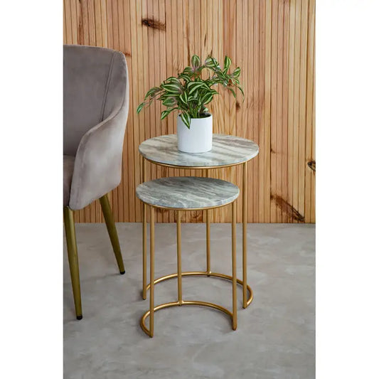 Contemporary Gold Nesting Side Tables – Marble Tops & Iron Frames - 
