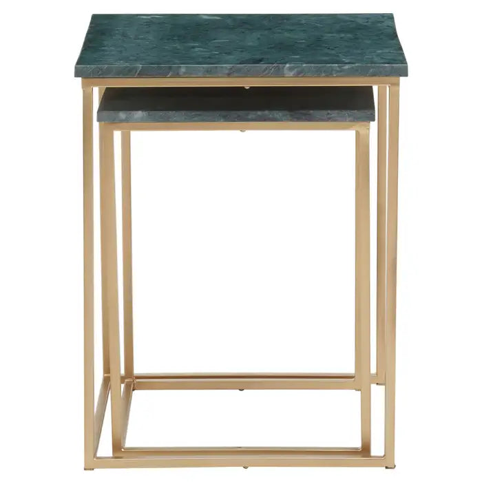 Elegant Green Marble Nesting Tables – Gold Frame & Compact Design
