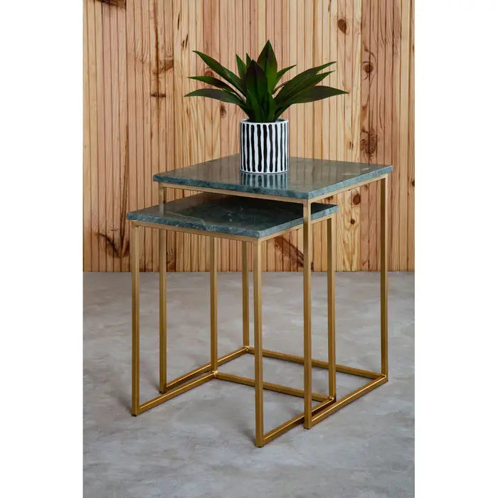 Elegant Green Marble Nesting Tables – Gold Frame & Compact Design - 