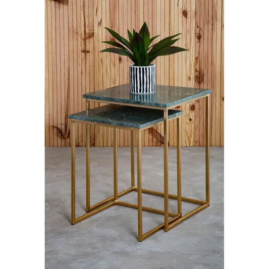Elegant Green Marble Nesting Tables – Gold Frame & Compact Design - 