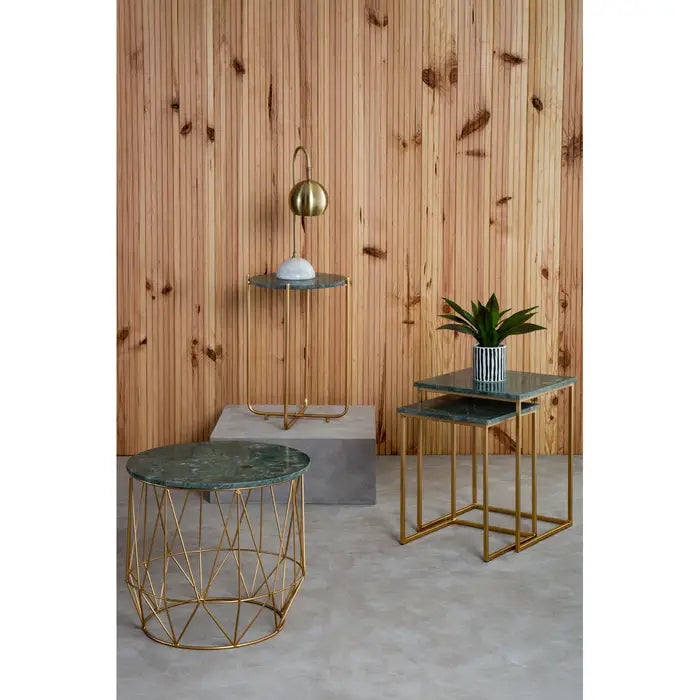 Elegant Green Marble Nesting Tables – Gold Frame & Compact Design