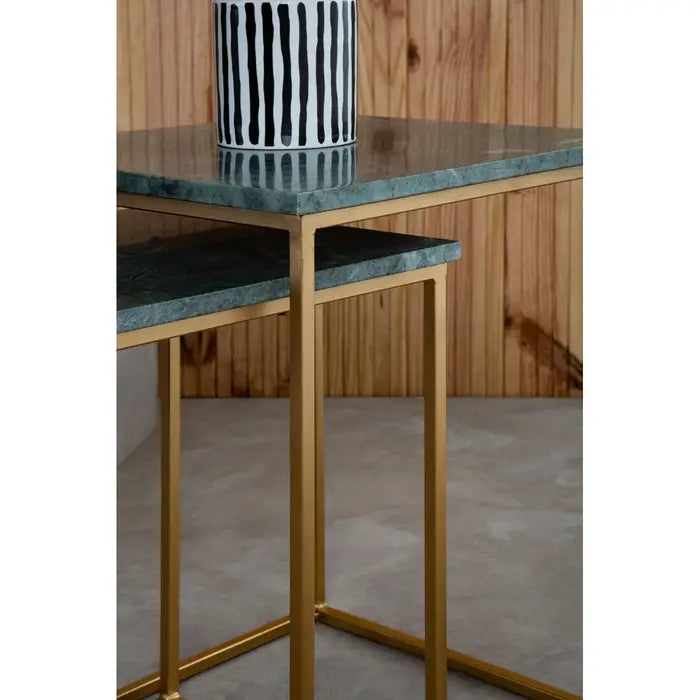 Elegant Green Marble Nesting Tables – Gold Frame & Compact Design