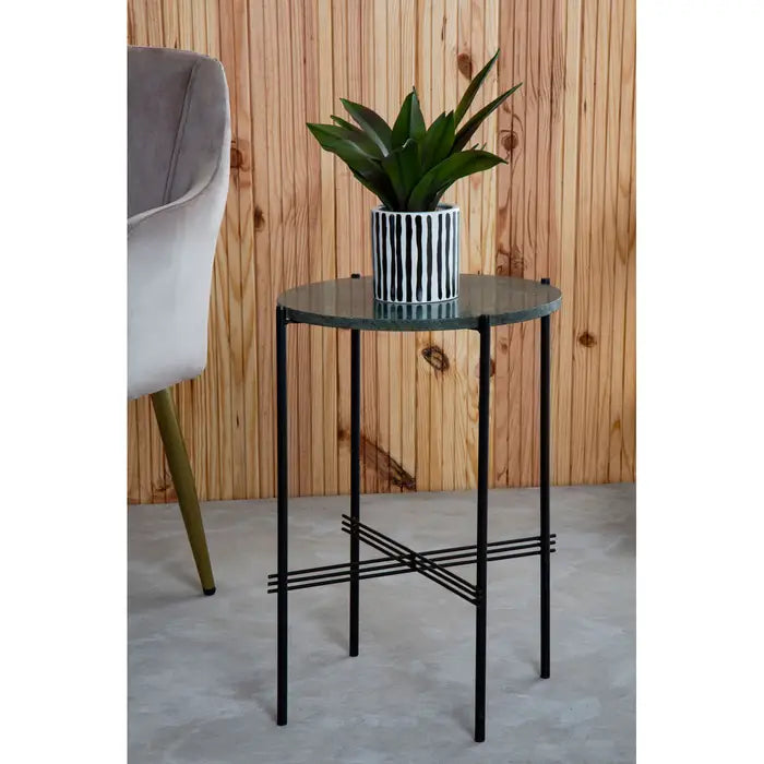 Contemporary Green Marble Side Table – Sleek Black Iron Frame - 