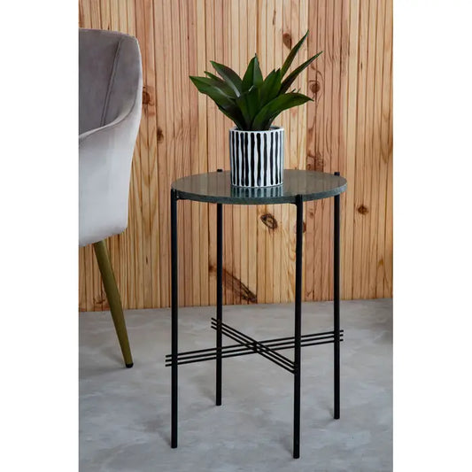 Contemporary Green Marble Side Table – Sleek Black Iron Frame - 