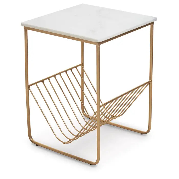 Elegant Gold & White Marble Side Table – Magazine Holder Design