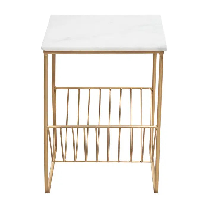 Elegant Gold & White Marble Side Table – Magazine Holder Design