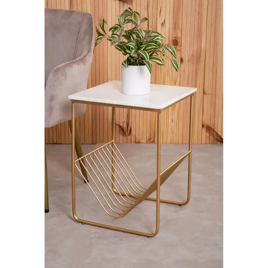 Elegant Gold & White Marble Side Table – Magazine Holder Design - 