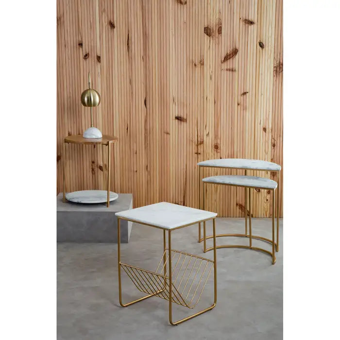 Elegant Gold & White Marble Side Table – Magazine Holder Design - 