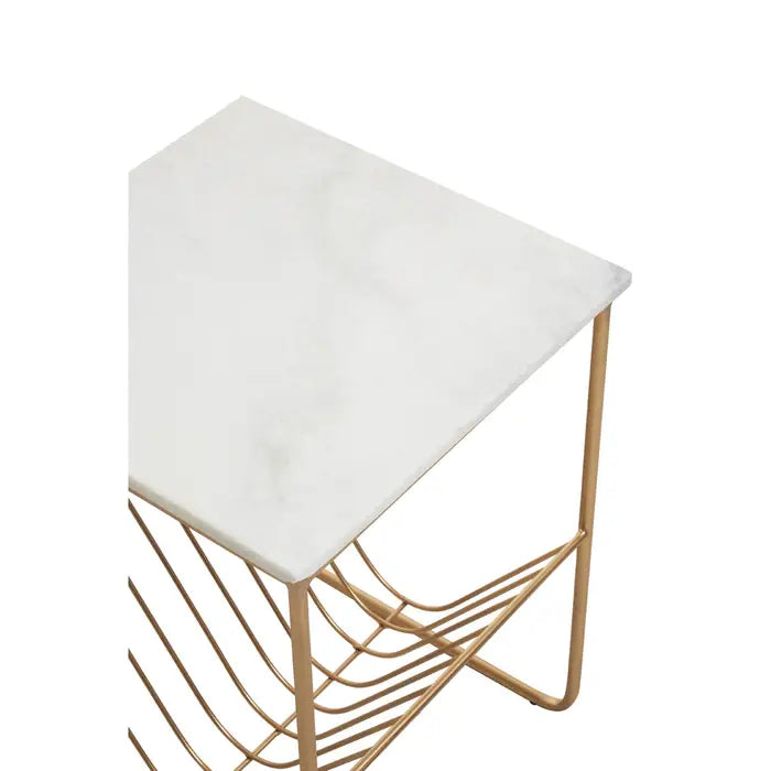 Elegant Gold & White Marble Side Table – Magazine Holder Design
