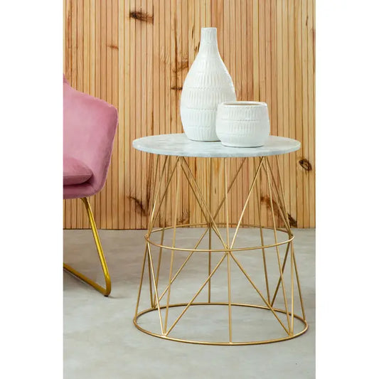Elegant Marble & Iron Side Table – Gold Wire Frame & White Top - 