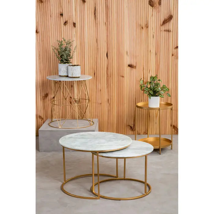 Elegant Marble & Iron Side Table – Gold Wire Frame & White Top - 