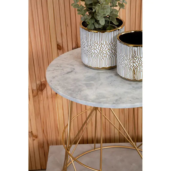 Elegant Marble & Iron Side Table – Gold Wire Frame & White Top