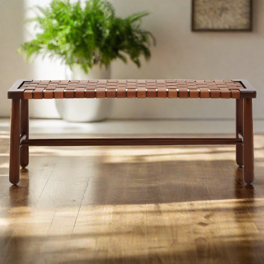 Metro Indoor Bench, Brown Strapped Leather Seat, Brown Teak Frame