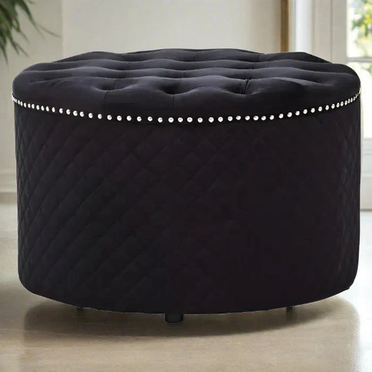 Zamora Round Black Velvet Ottoman