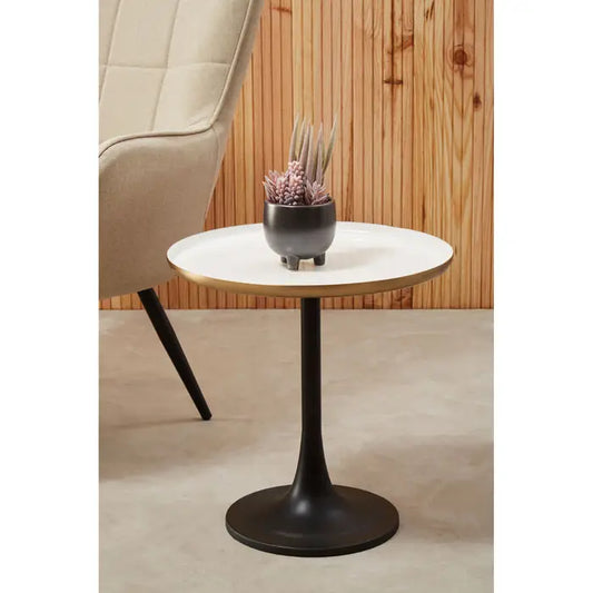 Elegant Black & White Side Table – Gold Accents & Enamel Finish - 
