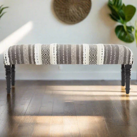 Agadir Indoor Moracaan Bench, Grey & White Fabric, Black Wood Legs
