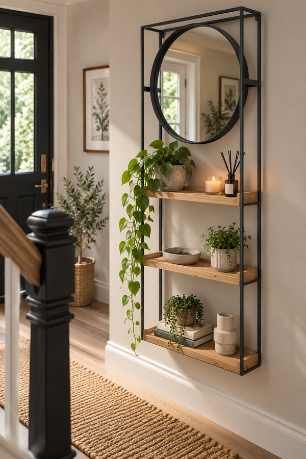 Industrial Wall Shelf Unit with Tilting Round Mirror - 165cm