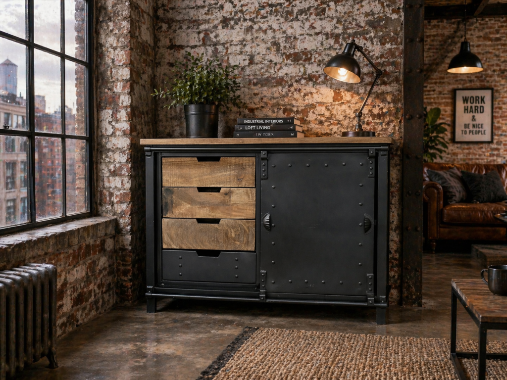 Industrial iron and mango wood sideboard with drawers and sliding door, 106cm