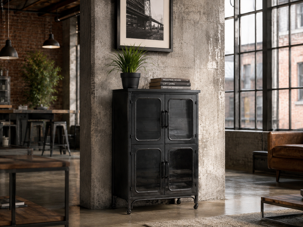 Black metal industrial cabinet with two glass doors, 100cm