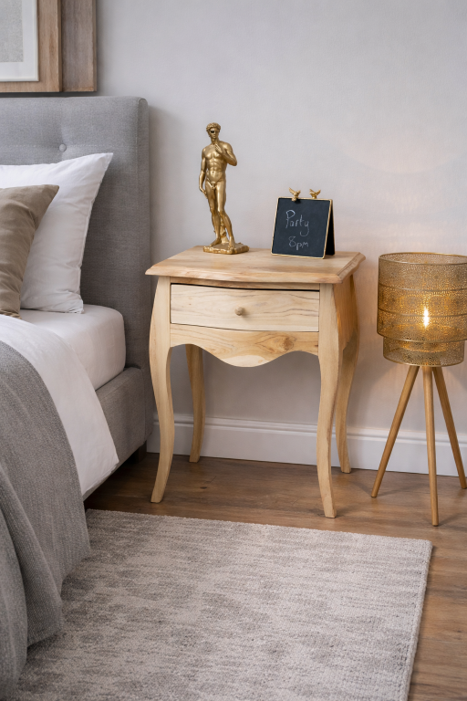 French style natural wood bedside table with drawer and curved legs, 61cm
