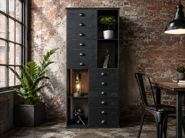 Tall black metal multi drawer cabinet with open shelves, 147cm