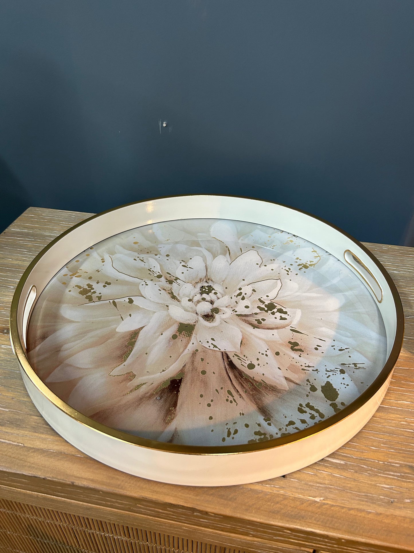 Elegant White & Gold Round Glass Serving Tray – Floral Design & Luxe Finish