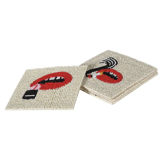 Handmade Beaded Square Coaster Set – Cotton Fabric & Bold Lipstick Design - Your Home Interiors - House & Home