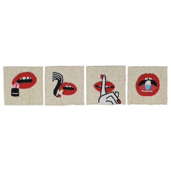 Handmade Beaded Square Coaster Set – Cotton Fabric & Bold Lipstick Design - Your Home Interiors - House & Home