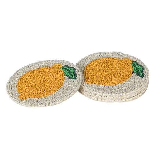 Handmade Beaded Round Coaster Set – Cotton Fabric & Lemon Motif - Your Home Interiors - House & Home