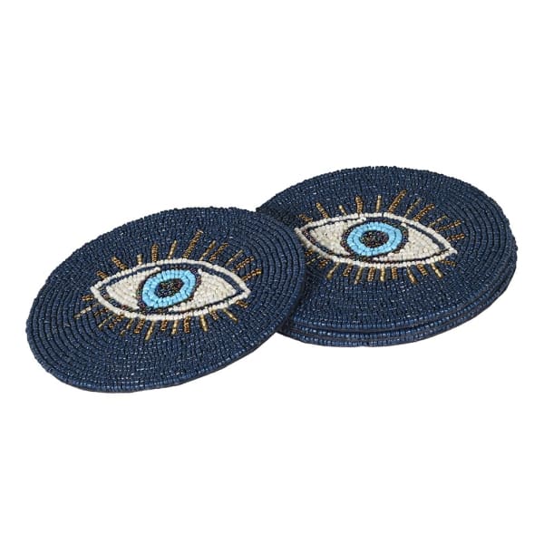 Handmade Blue Beaded Round Coaster Set – Cotton Fabric & Evil Eye Design - Your Home Interiors - House & Home