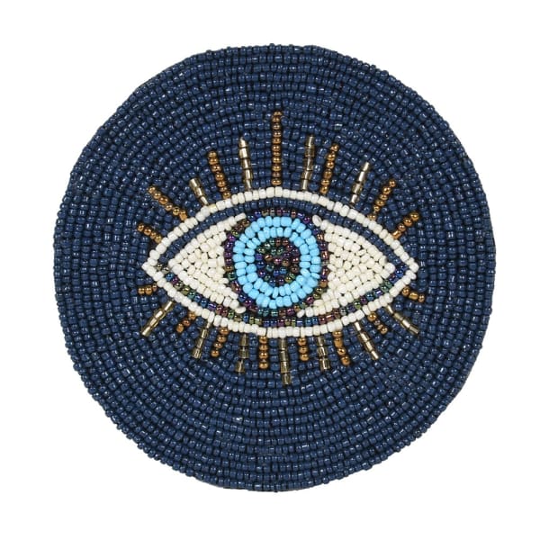 Handmade Blue Beaded Round Coaster Set – Cotton Fabric & Evil Eye Design