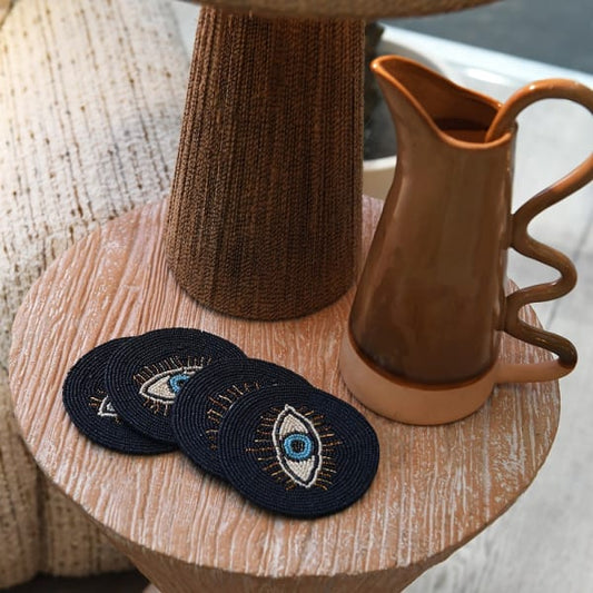 Handmade Blue Beaded Round Coaster Set – Cotton Fabric & Evil Eye Design - Your Home Interiors - House & Home