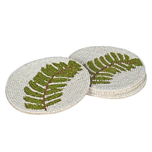 Handmade Green Beaded Round Coaster Set – Cotton Fabric & Leaf Design - Your Home Interiors - House & Home