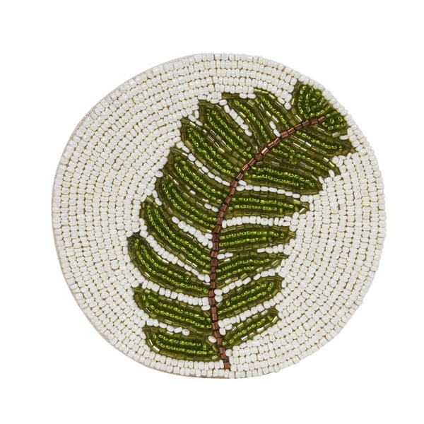 Handmade Green Beaded Round Coaster Set – Cotton Fabric & Leaf Design - Your Home Interiors - House & Home