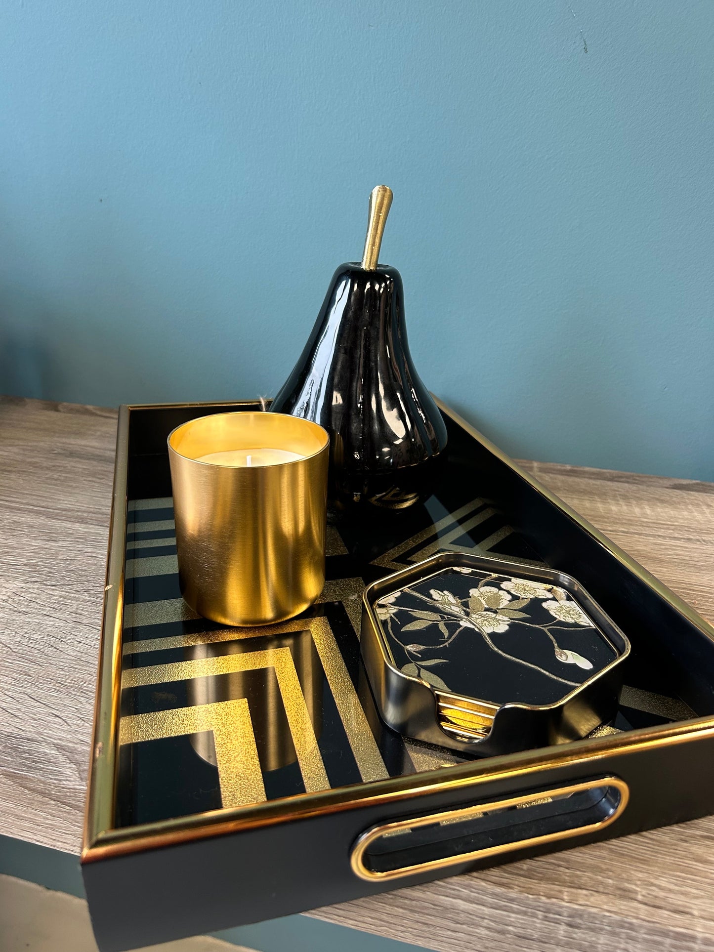 Modern Black & Gold Geometric Serving Tray – Glass Top & Sleek Finish