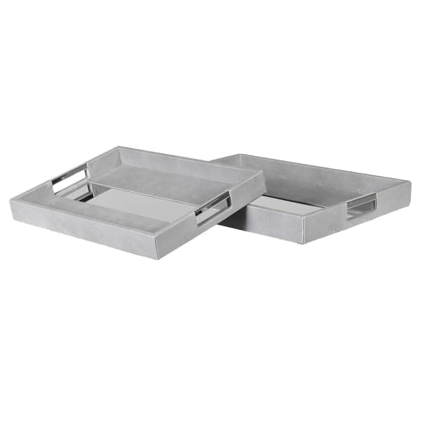 Modern Grey Faux Leather Tray Set – Mirrored Base & Stainless Steel Handles Your Home Interiors -  House & Home