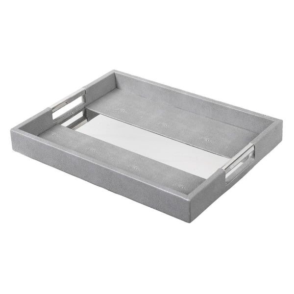 Modern Grey Faux Leather Tray Set – Mirrored Base & Stainless Steel Handles Your Home Interiors -  House & Home