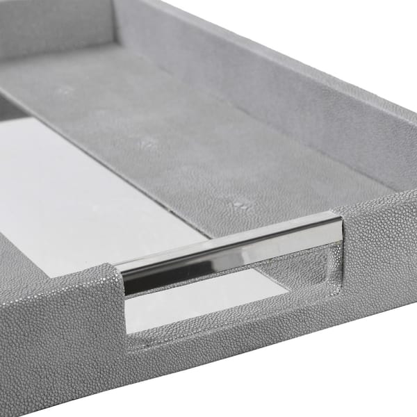 Modern Grey Faux Leather Tray Set – Mirrored Base & Stainless Steel Handles