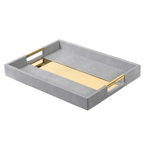 Modern Grey Faux Leather Tray Set – Gold Mirrored Base & Stainless Steel Handles - Your Home Interiors -  House & Home