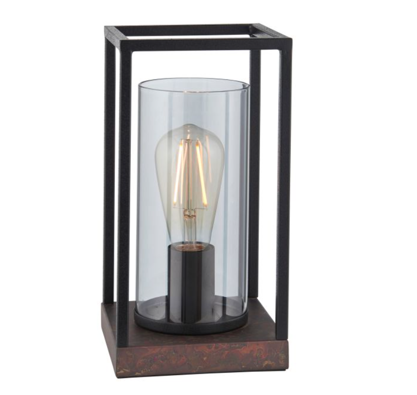 Industrial Black & Bronze Table Lamp – Steel Frame & Glass Cylinder Shade - 