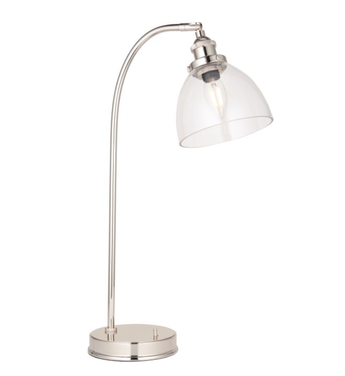 Modern Bright Nickel & Clear Glass Table Lamp – Arched Design with Dome Shade - 