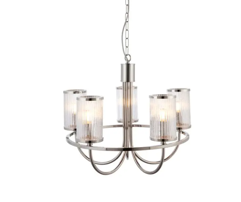 Elegant Bright Nickel Glass Chandelier – Modern Steel Frame & 5 Light Design - Your Home Interiors