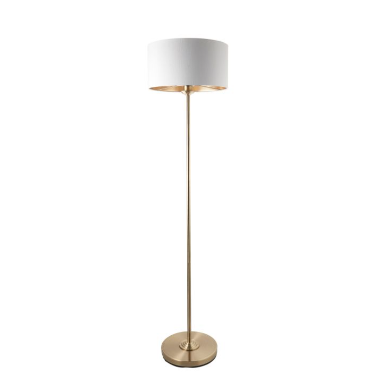 Sleek Antique Brass Floor Lamp – Steel Frame & Fabric Shade - Decor Interiors