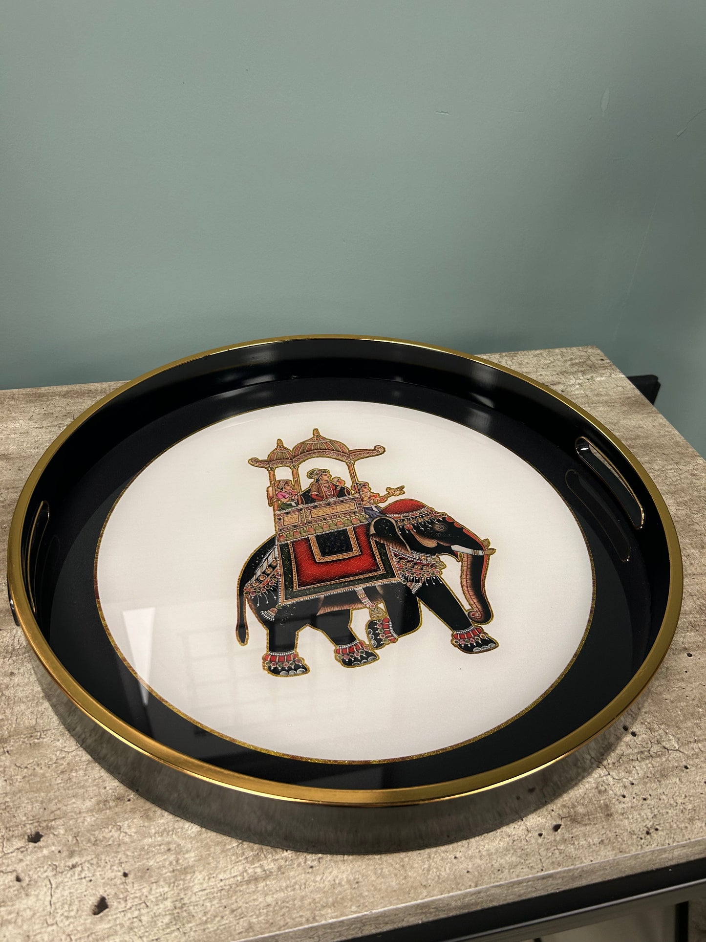 Luxury Black & Gold Royal Elephant Round Serving Tray – Glass Top & Classic Design