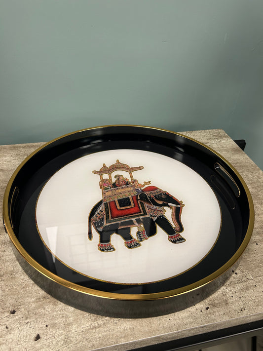 Luxury Black & Gold Royal Elephant Round Serving Tray – Glass Top & Classic Design