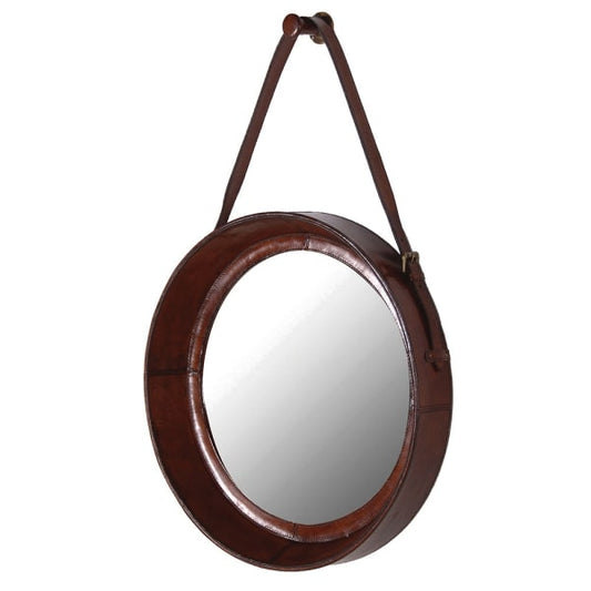 Vintage Brown Leather Hanging Round Mirror – Timeless Elegance - Your Home Interiors - House & Home
