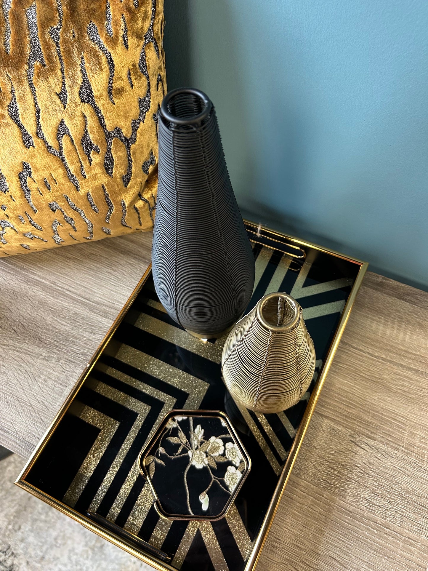 Modern Black & Gold Geometric Serving Tray – Glass Top & Sleek Finish