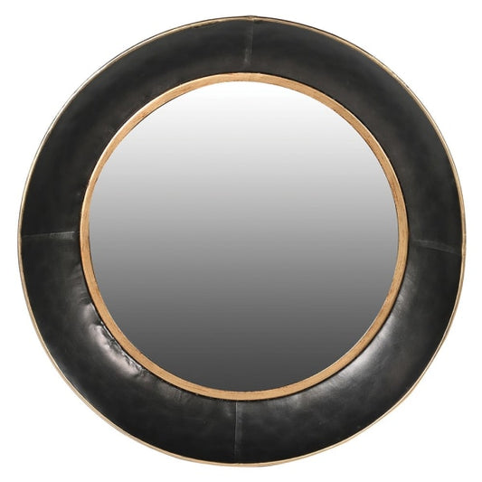 Modern Black Leather Round Wall Mirror – Iron Detailing & Elegant Design - Your Home Interiors - House & Home